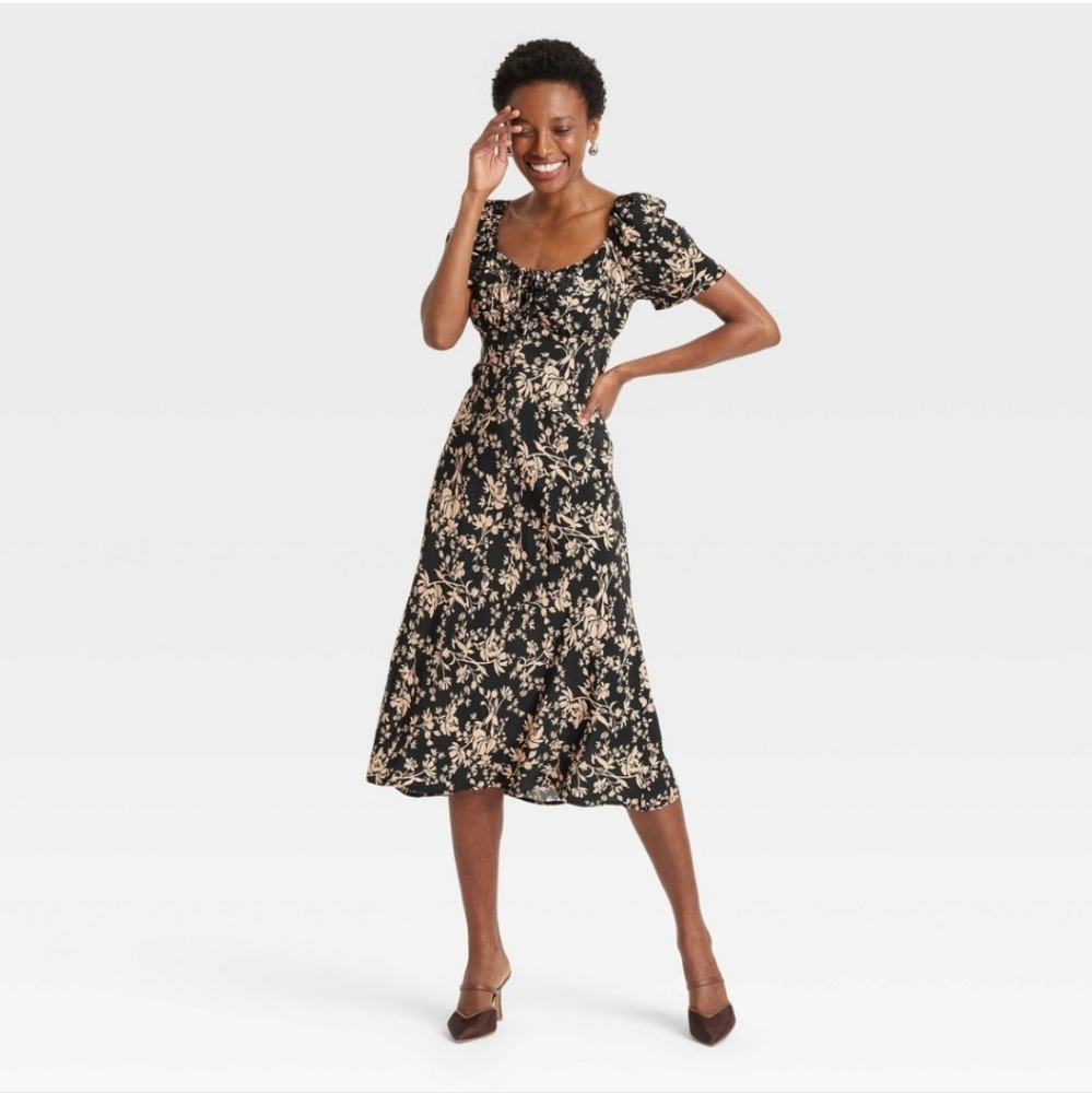 a new day Woman's Short Sleeve Floral Midi Dress ~ Black